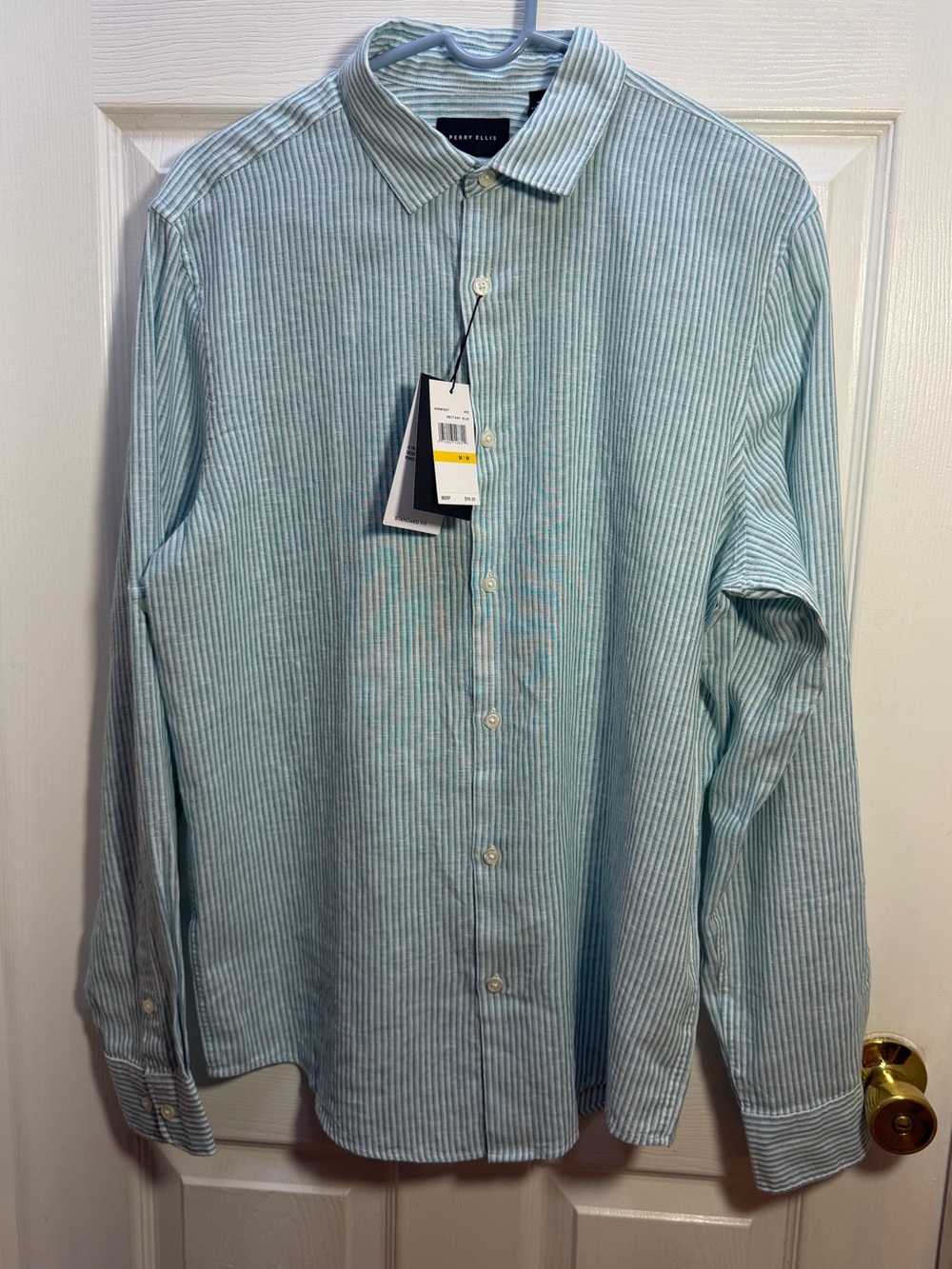 Perry Ellis Men's Light Blue and White Striped Button-Down Shirt